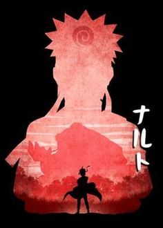 an anime poster with the silhouette of a man on top of a red and black background