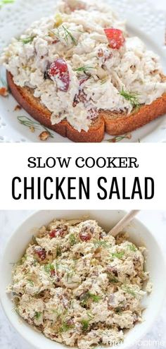 chicken salad in a white bowl with the words slow cooker chicken salad above it