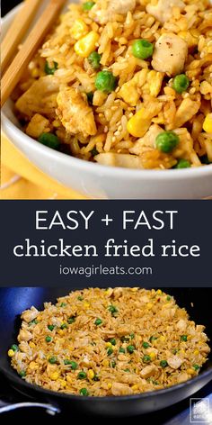 easy and fast chicken fried rice in a skillet with chopsticks on the side