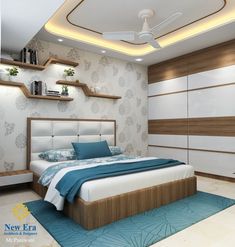 a bed room with a neatly made bed and a ceiling fan