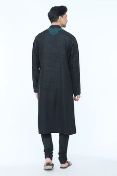 Black full sleeves handloom silk kurta with fleur vine embroidery near the placket. Paired with a churidar. - Aza Fashions Ceremonial Long Sleeve Handloom Traditional Wear, Elegant Long Sleeve Handloom Traditional Wear, Long Sleeve Cotton Silk Kurta With Handloom Details, Black Cotton Silk Long Sleeve Kurta, Black Long Sleeve Cotton Silk Kurta, Ceremonial Cotton Silk Kurta With Long Sleeves, Long Sleeve Chanderi Sherwani With Embroidered Border, Ceremonial Long Sleeve Cotton Silk Kurta, Ceremonial Long-sleeve Cotton Silk Kurta