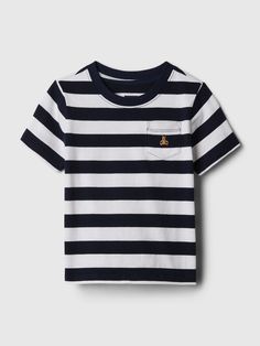 Soft knit T-shirt.  Crewneck.  Short sleeves.  Embroidered Brannan Bear at chest.  Allover stripes.  Hits at the hip.  Sizes range from baby to toddler.