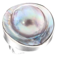 925 Sterling Silver Opulent Mabe Blister Pearl In Shell Sterling Us 6 Ring, 7/8"  Beautiful and big mabe ring designed in a large 925 sterling silver setting. The mabe pearl is full of luster and is left in the shell for dramatic effect. It has a gorgeous iridescent hue as shown in the picture.  Pearl Type:  Mabe blister pearl Ring Dimension:  22mm (7/8") Ring Material:  925 Sterling Silver Ring Size:  US 6, Adjusts 5-7 Ring Weight:  ~11 grams Cabochon Pearl Ring In Sterling Silver, Silver Oval Pearl Ring With High Luster, Silver High Luster Pearl Ring For Gift, Silver Pearl Ring With High Luster For Gift, Pearl In Shell, Middle Finger Ring, Crescent Moon Earrings, Mabe Pearl, Sterling Silver Rings Bands