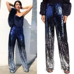 Elba Pants By Alice + Olivia. Navy Blue Fades To Black And Then To Silver At The Bottom (Azure Multi). Featuring Dazzling Sequins Arranged To Create An Ombre Effect, These Pants Evoke 70s Disco Glamour. High Rise. Pull On Style With Center Back Zipper Closure. Elastic Waistband. Straight, Wide Leg Silhouette. Fully Lined. Inseam Is Approximately 34". No Known Flaws Or Areas Of Missing Sequins -- In Pristine Condition! Additional Measurements Available Upon Request. Tags: Holidays, Christmas, New Elegant Silver Sequined Pants, Silver Sequin Evening Pants, Glamorous Silver Full-length Pants, Glamorous Full-length Silver Pants, Silver Sequined Wide Leg Bottoms, Silver Wide Leg Bottoms With Sequins, Elegant Blue Pants For Night Out, Silver Sequin Pants For Party Season, Blue Bottoms For Evening And Party Season