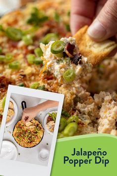 a person taking a piece of pizza from a pan with green peppers on it and the words jalapeno popper dip