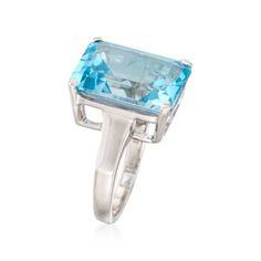 Ross-Simons - 14.00 Carat Sky Blue Topaz Ring in Sterling Silver. Size 6. Go bold with blue! An impressive 14.00 carat emerald-cut sky blue topaz is all this ring needs to make a glamorous statement. Simply set in bright sterling silver. 5/8" wide. Sky blue topaz ring. Blue Topaz birthstones are the perfect gift for December birthdays. Modern Rectangular Blue Topaz Ring, Rectangular Blue Topaz Ring With Prong Setting, Blue Topaz Pendant Necklace, Sky Blue Topaz Ring, White Topaz Earrings, Diamond Sapphire Engagement Ring, Topaz Birthstone, Blue Topaz Bracelet, Blue Topaz Pendant