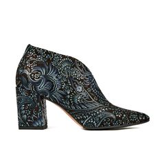 Looking for a pop of vibrant color and texture?  The Charlotte Black Blue Floral women's designer heel is a textured womens luxurious tapestry ankle bootie with a comfortable block heel.  Handcrafted in Rich hues of blue tapestry, these women's ankle boots are a comfortable bootie that will go with anything your wardrobe from jeans to black leather pants.  If you are searching for a versatile, glamorous day to night ankle bootie, look no further.  Also, please note, our shoes are not made specif Designer Ankle Boots, Blue Tapestry, Italian Leather Shoes, Women's Ankle Boots, Black Leather Pants, London Shoes, Ankle Bootie, Womens Ankle Boots, Handbag Shoes