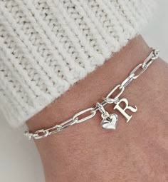 Silver Bracelet Chain, Silver Bracelet Stack, Silver Initial Charms, Monogram Bracelet, Bracelet Initial, Sterling Silver Initial, Jewelry Accessories Ideas, Bracelet Chain, Jewelry Lookbook