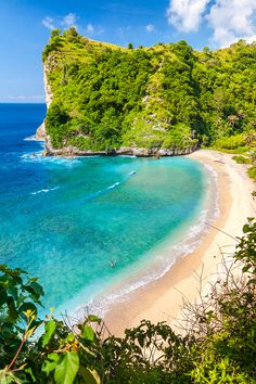 the beach is surrounded by lush green trees and clear blue water with people swimming in it