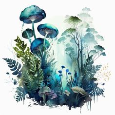 an artistic painting of blue mushrooms in the forest