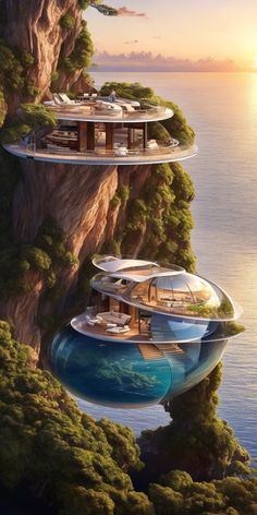 two floating houses on the edge of a cliff