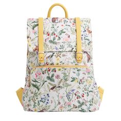 Brighten your day with the joyful Meadow Creatures Backpack in charming Marshmallow Yellow. This compact yet spacious bag is adorned with a delightful print of playful meadow creatures, adding a whimsical touch to your travels. Ideal for lighter journeys, it features a zipped front pocket, two inner compartments, and a roomy interior to keep your essentials organized. Finished with vintage-inspired vegan leather buckled straps, this bag effortlessly blends practicality with nostalgic charm. The Spring Backpack With Floral Print For Everyday Use, Floral Print Backpack For Everyday Use In Spring, Spring Floral Print Backpack For Everyday Use, Spring Floral Print Standard Backpack, Spring Floral Print Backpack For Daily Use, Daily Use Floral Print Backpack, White Backpack For Everyday Use In Spring, White Everyday Backpack For Spring, Everyday Floral Print Standard Backpack