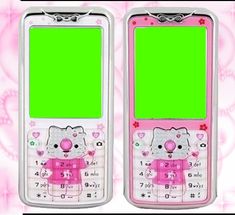 two cell phones with hello kitty on them, one is pink and the other is green