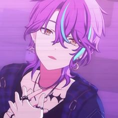 an anime character with purple hair and piercings