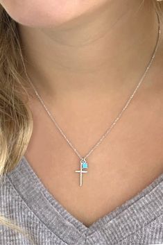 "This beautiful sterling silver cross necklace with opal charm is delight. This necklace include a 16\" chain with 2\" extension chain. The cross is 3/4th of an inch. Treat yourself with this beauty today!" Sterling Silver Cross Necklace With Birthstone, Turquoise Cross Necklace, Tiny Cross Necklace, Dainty Cross Necklace, Cross Jewelry Necklace, Silver Cross Necklace, Silver Turquoise Jewelry, Sterling Silver Cross Necklace, Tiny Cross