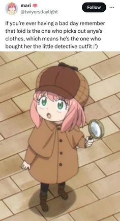 an anime character holding a magnifying glass with the caption, if you're ever having a bad day remember that lol is the one who picks out