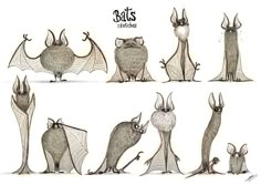 several different types of bats in various poses