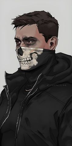 a drawing of a man with a skull painted on his face and wearing a black hoodie