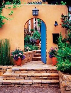 an entrance to a house with steps leading up to the front door and potted plants on either side