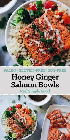 honey ginger salmon bowls with rice and vegetables