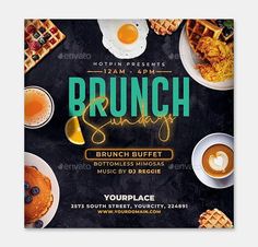 a flyer for brunch sunday with waffles, orange juice and syrup