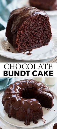 a chocolate bundt cake on a white plate with one slice cut out and the other half eaten