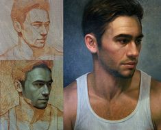 three different colored portraits of a man in white tank tops and one with his head turned to the side