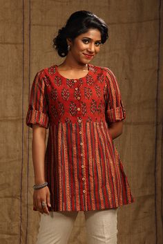 Madder Button-down Tunic Kalamkari Tunic Tops, Tunic Tops With Jeans, Tunics For Women, Stylish Tunic, Designer Kurti Patterns