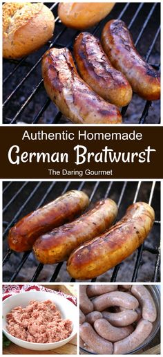 the german bratwurst is cooking on an outdoor grill with sausages and bread