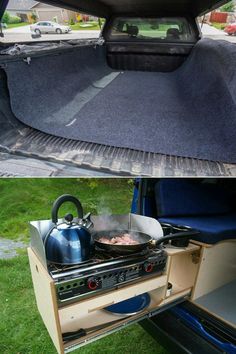 the back end of a car with an open trunk and stove top oven in it