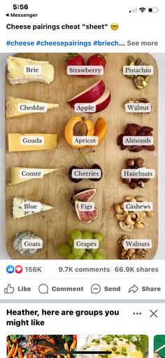 a wooden cutting board topped with lots of different types of food