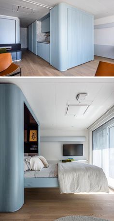 this bedroom has a built in bed and closets that are open to the outside