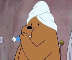 a cartoon bear with a towel on its head brushing his teeth in front of a mirror