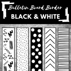 Use these black and white-themed borders in your classroom this year! These can be great by themselves, or to layer around your bulletin board! Each border is 2 inches by 10 inches, with three border pieces on each page. There are 5 designs included.WHAT YOU WILL GET:- A PDF with 3 borders to a page.- 5 different 2 in. x 10 in. borders- All you have to do is print the number of pieces you need. You can laminate if you wish and staple it on the outside of your boards.Depending on your computer sc Black And White Classroom Theme, Cow Classroom, Sen Classroom, Black And White Classroom Decor, Boarders For Bulletin Boards, Maths Classroom, Black And White Classroom, White Classroom, White Doodle