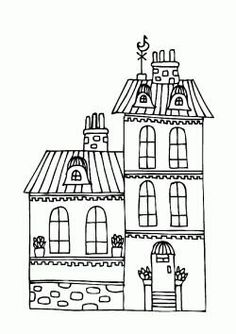 a drawing of a house that is outlined in black and white, with the words