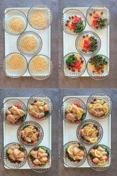 four pictures show different stages of cooking food in glass dishes, with chicken and vegetables on the side