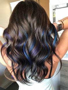 Brunette Colored Highlights, Purple Blue Highlights Black Hair, Blue And Purple Hair Highlights Brunettes, Hair Color Ideas Highlights Blue, Colorful Hair Highlights Ideas, Pretty Hair Color Ideas For Brunettes Highlights, Balayage With Pops Of Color, Blue Under Highlights, Dark Hair Pop Of Color Ideas