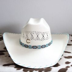 White Southwestern Hat For Rodeo, White Southwestern Style Hat For Rodeo, Blue Country Hat Bands For Western-themed Events, Western Blue Hat Bands For Ranch, White Southwestern Hat For Country Events, Western Blue Hat Bands For Country Events, Blue Country Style Hat Band For Western-themed Events, Blue Country Style Hat Bands For Western-themed Events, White Southwestern Hat Bands For Country Events