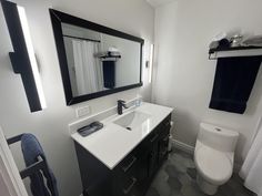 a white toilet sitting next to a bathroom sink under a large mirror on a wall