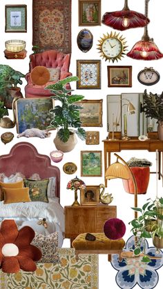 a collage of pictures and furniture with flowers