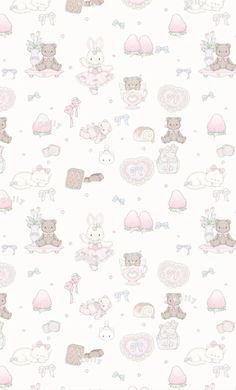 a wallpaper with teddy bears and other animals on it's side, in pastel colors