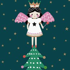 a little angel standing on top of a christmas tree with stars in the night sky