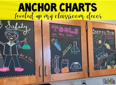 two chalkboard cabinets with writing on them and the words anchor chart written in black