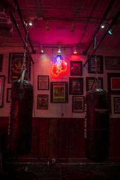 two black boxing bags hanging from the ceiling in a room with posters on the wall