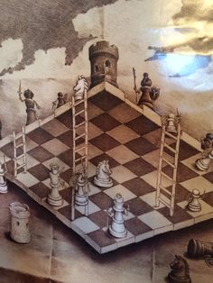 a drawing of a giant chess board surrounded by pieces of the same size and shape