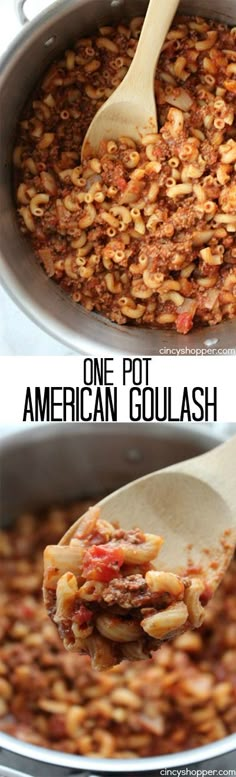 one pot american goulash recipe is shown in two pictures