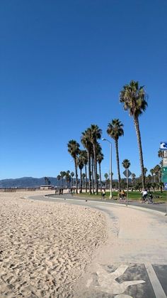 the beach is lined with palm trees on a sunny day