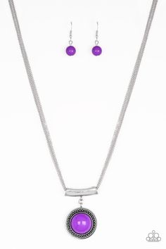 A vivacious purple bead is pressed into the center of a studded silver frame and attached to a shimmery silver fitting. The colorful pendant slides along four dainty silver chains below the collar for a seasonal look. Features an adjustable clasp closure. Sold as one individual necklace. Includes one pair of matching earrings. P2WH-PRXX-328XX Jewelry Pictures, Purple Necklace, Silver Chains, Jewelry Picture, Paparazzi Accessories, Exclusive Jewelry, Paparazzi Jewelry, Online Earrings, Silver Frame