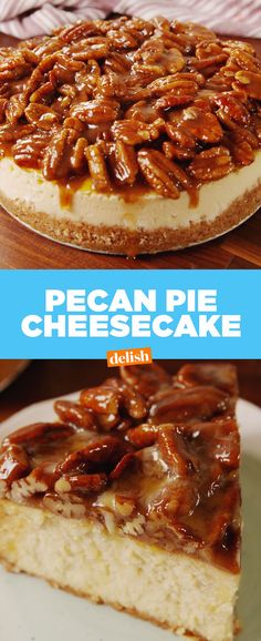 pecan pie cheesecake with caramel toppings on top and below the crust