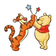 winnie the pooh and tigger dancing together with stars in the sky behind them